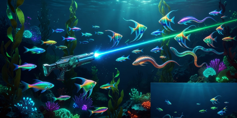 Hình ảnh đại dương rực rỡ trong game bắn cá NH88 với cá đa dạng và hiệu ứng bắn súng