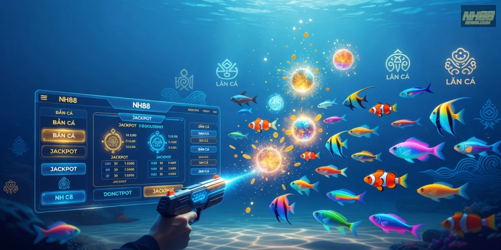 Hình minh họa khái niệm bắn cá nổ hũ nh88 với giao diện trò chơi sống động và hấp dẫn.