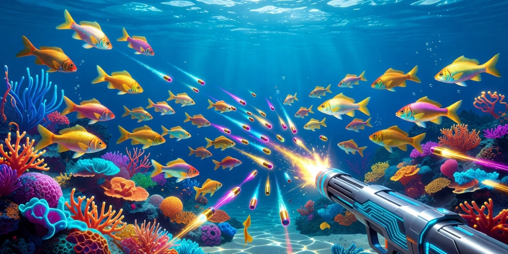 Hình minh họa trò chơi bắn cá vàng NH88 với giao diện sống động và cá đa sắc màu