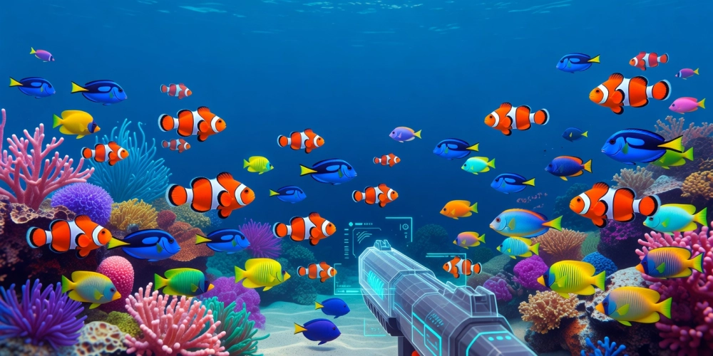 Minh họa khái niệm bắn cá vui nh88 với đồ họa sống động và cá bơi đa dạng