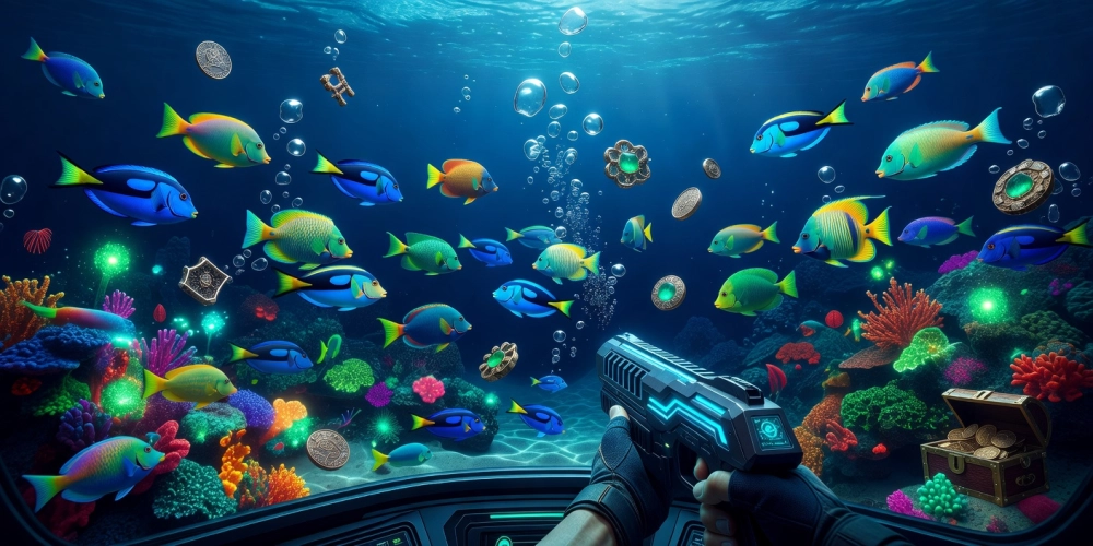 Minh họa giao diện game bắn cá xèng nh88 với đồ họa sống động và các loài cá đa dạng