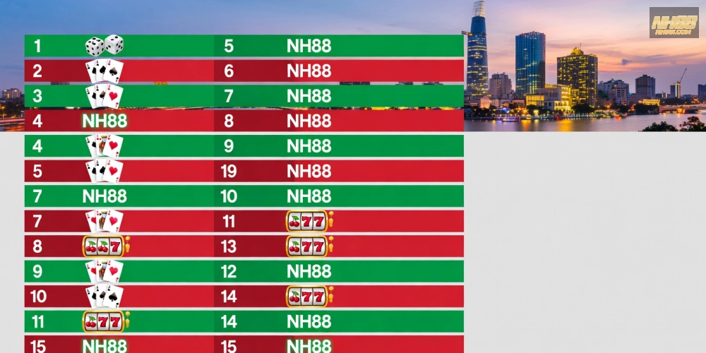 Top 2 casino in ho chi minh nh88 với biểu đồ xếp hạng và icon trò chơi nổi bật