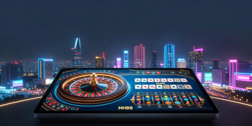 Minh họa khái niệm casino in ho chi minh nh88 với giao diện nền tảng hiện đại và biểu tượng trò chơi