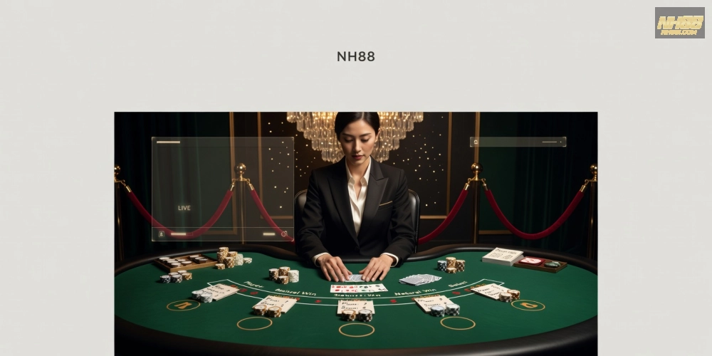 Hình minh họa khái niệm baccarat live casino nh88 với dealer chuyên nghiệp và bàn chơi hấp dẫn.