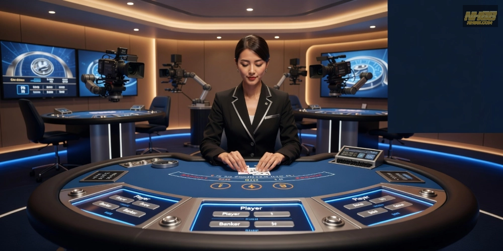 Hình ảnh giao diện Evolution Gaming trên NH88 với bàn baccarat live chuyên nghiệp và tính năng tương tác.