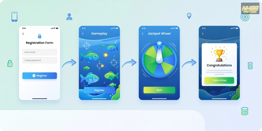 Hình hướng dẫn từng bước đăng ký và chơi bắn cá nổ hũ nh88 đơn giản dễ hiểu.