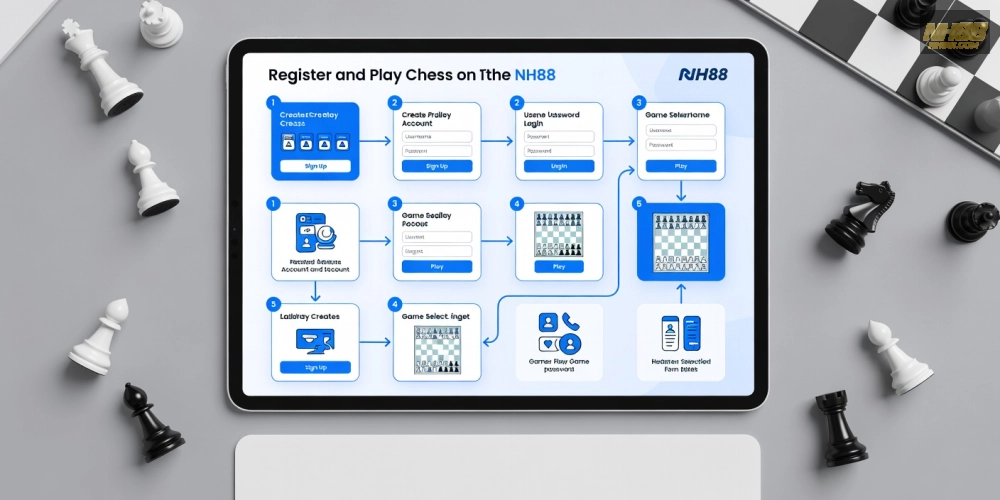 Hình minh họa quy trình đăng ký và chơi cờ vua trên ứng dụng NH88
