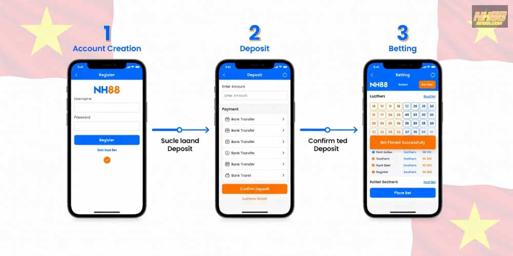 Hình minh họa các bước đăng ký và sử dụng xổ số miền nam nh88 một cách đơn giản và nhanh chóng.