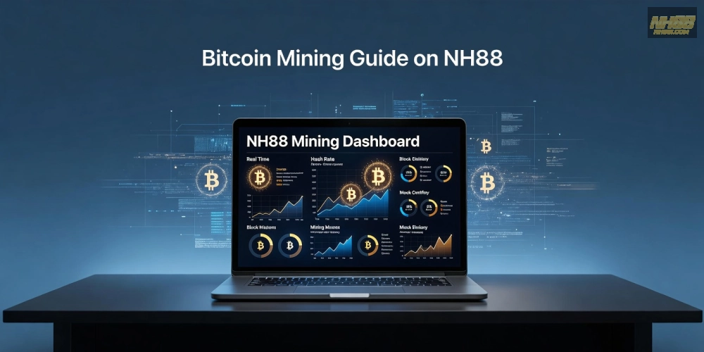 Minh họa khái niệm hướng dẫn đào Bitcoin trên nền tảng NH88 với giao diện đơn giản