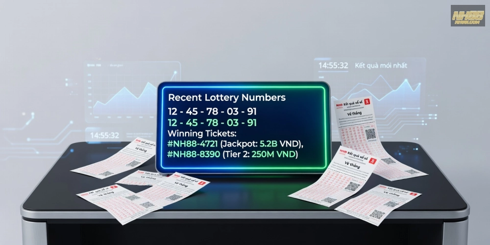 Hình minh họa khái niệm kết quả xổ số nh88 với các con số nổi bật trên nền kỹ thuật số