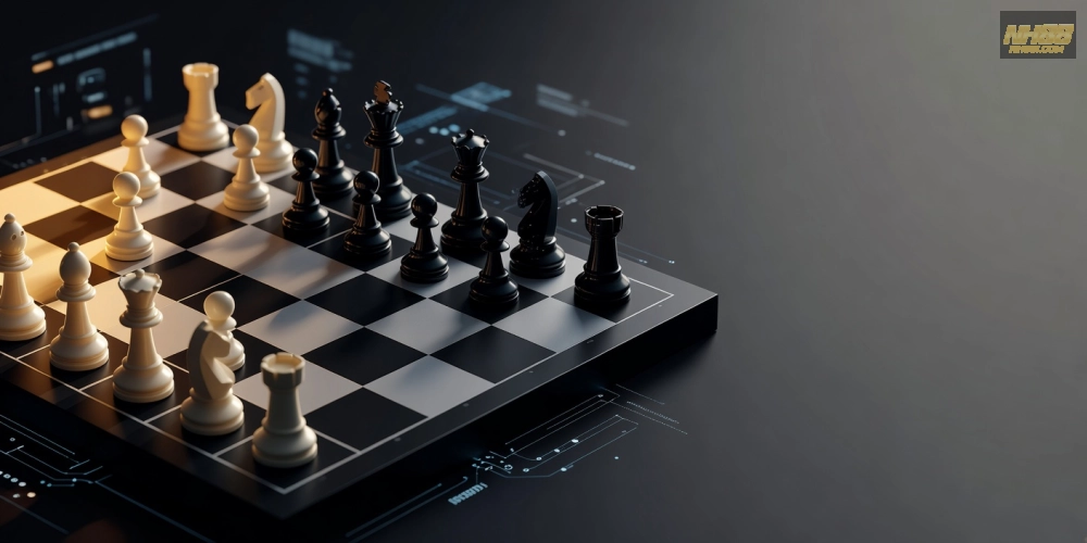Hình minh họa chiến lược mở đầu cờ vua với quân hậu và xe trên bàn cờ kỹ thuật số