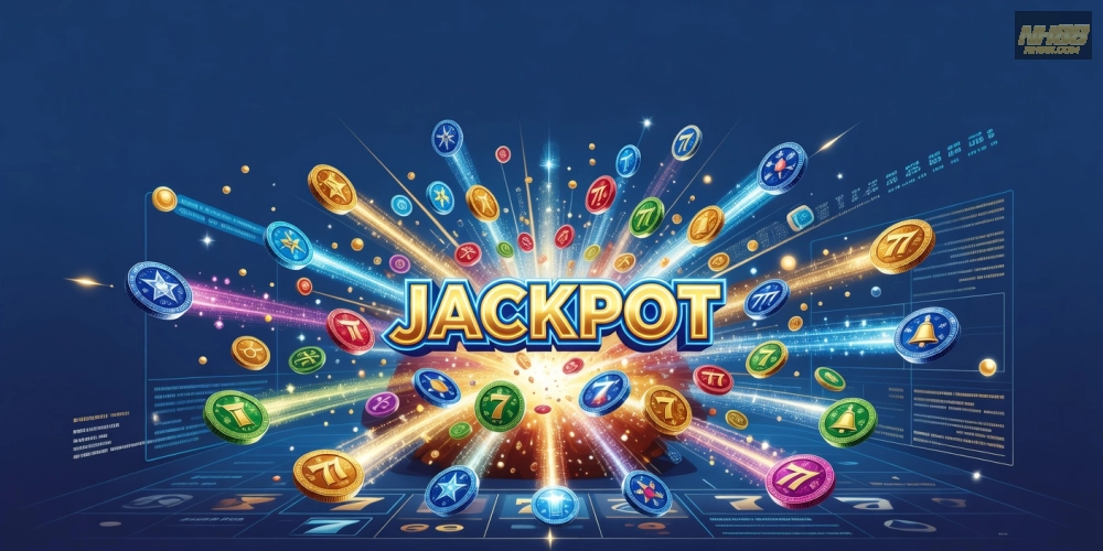 Khái niệm nổ hũ nh88 được minh họa qua biểu tượng jackpot sáng rực rỡ trên nền tảng cá cược